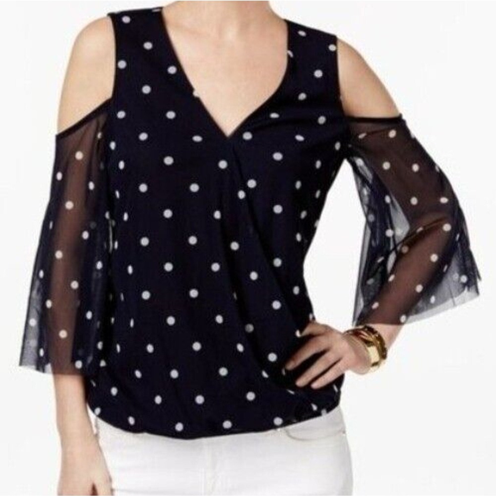INC Polka Dot Blouse Sz XS Cold Shoulder Sheer Bell Sleeve V-Neck Top Retro